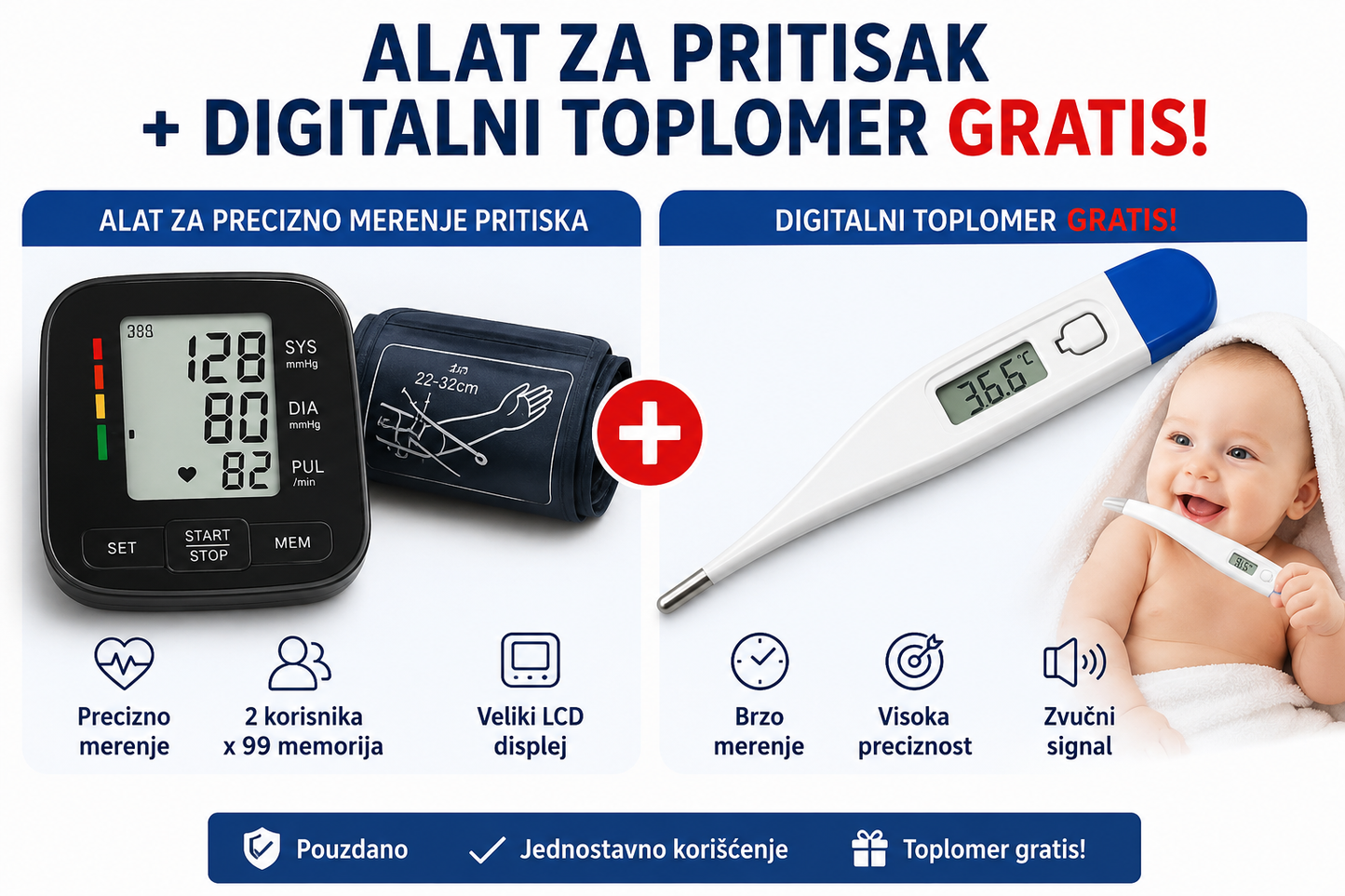 Digitalni Aparat za Merenje Pritiska + Digitalni Toplomer GRATIS!